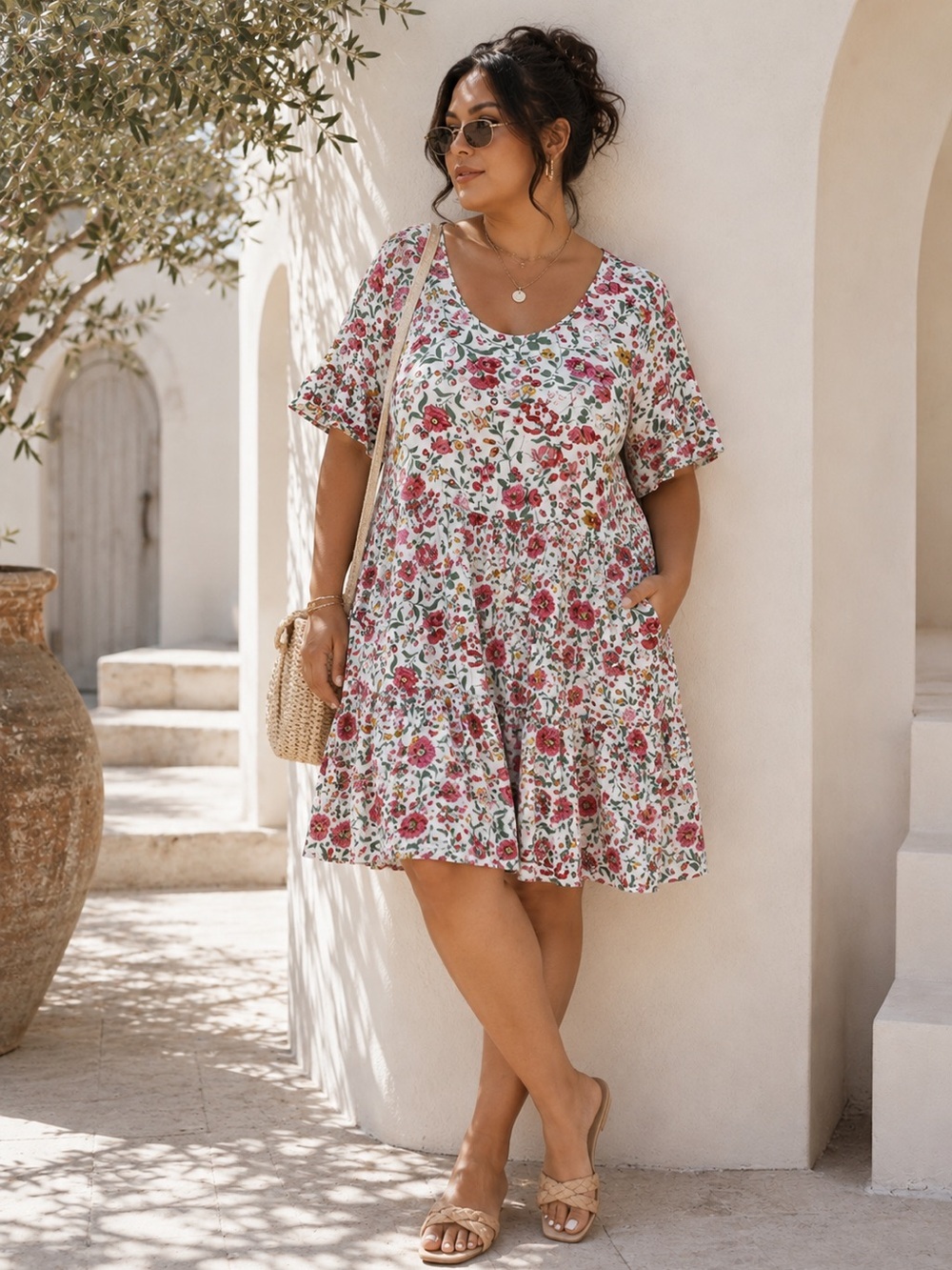 April Cornell Pink Green Floral Midi Dress Print Prairie Boho Large Summer Chic